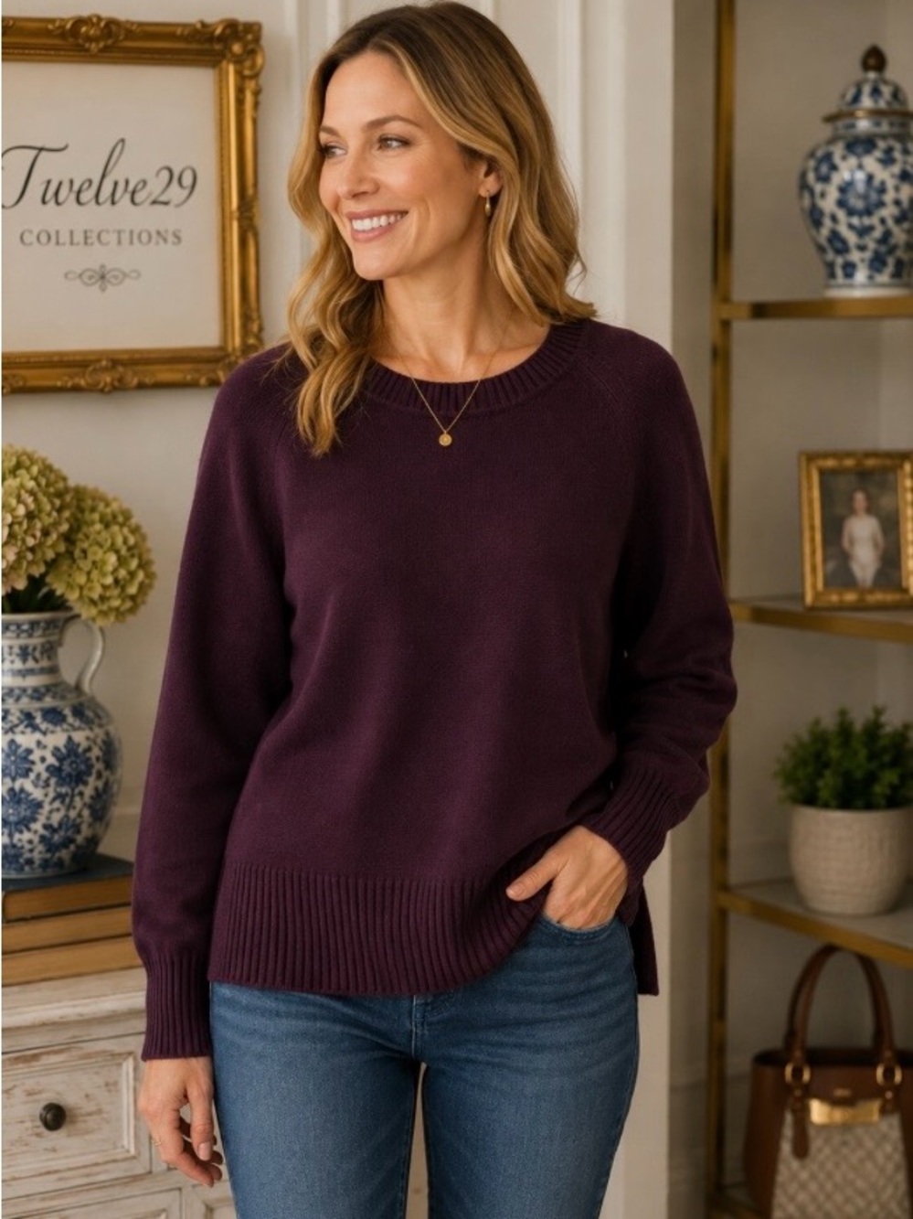 Banana Republic Womens Sweater Size Large Burgundy Crew Neck Long Sleeve Casual